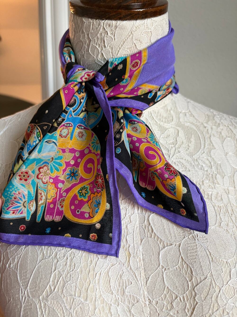 VTG Laurel Burch Silk Scarf Colorful Cats Square Artwear whimsigoth y2k